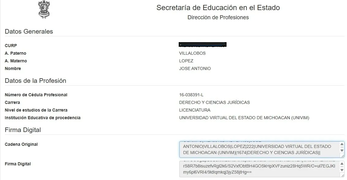Cédula Profesional Estatal de Michoacán de Licenciatura en Derecho y Ciencias Jurídicas de UNIVIM de José Antonio Villalobos López